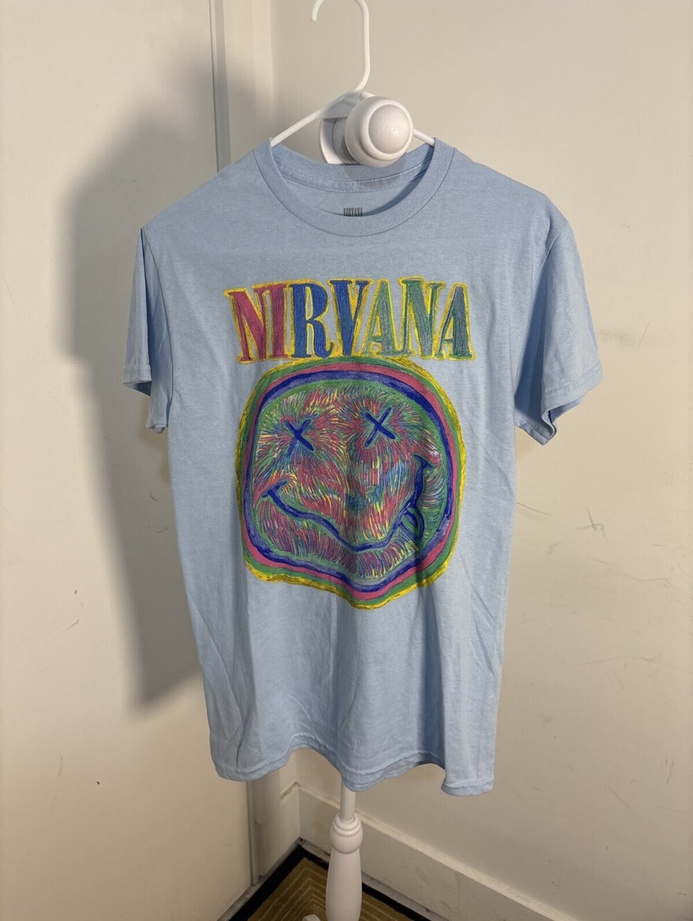 NIRVANA Baby Blue Cotton Concert Happy Face NEVERMIND Logo T-shirt Small NWOT